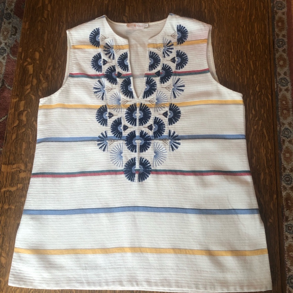 Tory Burch “Avery” Tunic with Navy Embroidery, and Multi-Colored Striped Body